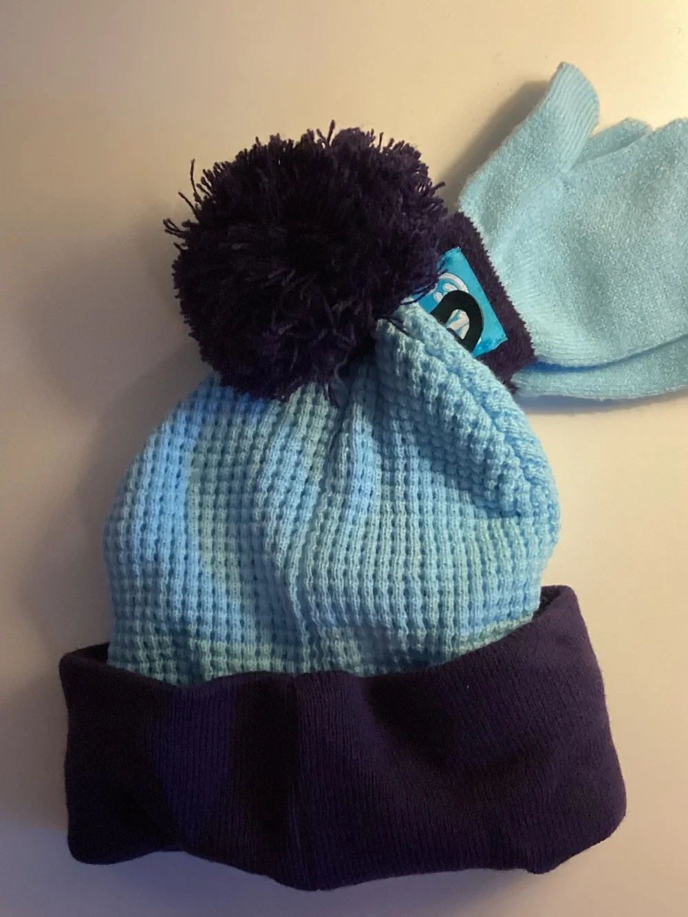 Berkshire Light Blue and Navy Kids Knit Beanie with Pom and Cartoon Patch